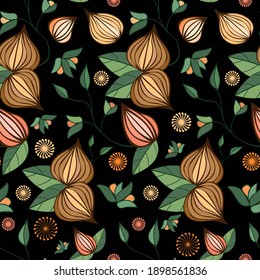 Seamless pattern nuts, flowers, leaves on black background
