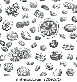 Seamless pattern of nuts. Hand drawn sketch almond, brazil nut, nutmeg, macadamia, cashew, pecan, peanut, pistachio, chestnut.Vector Illustration for design package, menu