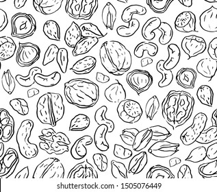 Seamless pattern with nuts hazelnuts, pistachios, peanuts, walnuts, almonds