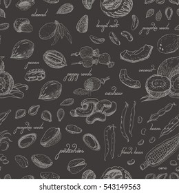 Seamless pattern with nuts on dark background. Vector illustration for your design