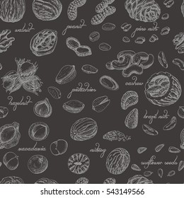 Seamless pattern with nuts on dark background. Vector illustration for your design