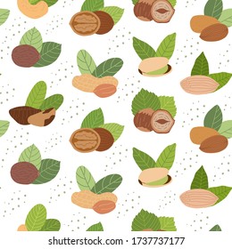 Seamless pattern with nuts on white background: peanuts, walnut, cashews,walnuts,hazelnuts, almonds. Healthy diet. Modern background for packaging, ads, labels and other designs. Vector illustration.