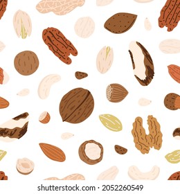 Seamless pattern with nuts on white background. Cute doodle illustrations. For prints, backgrounds, wrapping paper, textile, linen, wallpaper, etc. 