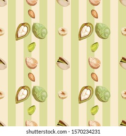 Seamless pattern with nuts. Pistachio, hazelnuts, almonds. Wallpaper, print, wrapping paper, modern textile design, banner, poster, promotion material. Vector illustration.
