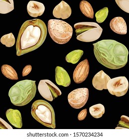 Seamless pattern with nuts. Pistachio, hazelnuts, almonds. Wallpaper, print, wrapping paper, modern textile design, banner, poster, promotion material. Vector illustration.
