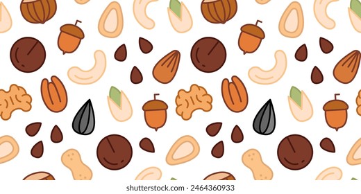 Seamless Pattern with Nuts and Seeds. Background with Various Nuts. Peanuts, Pistachios, Almonds, Hazelnuts, Walnuts, Pecans, Cashews. Vector illustration in flat style