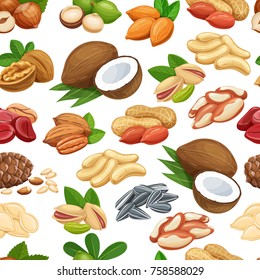Seamless pattern with nuts and seeds. Cola nut, pumpkin seed, peanut and sunflower seeds. Pistachio, cashew, coconut, hazelnut and macadamia. Vector illustration.