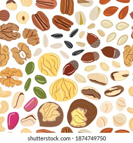 Seamless pattern of nuts and seeds. Kitchen, cooking print. Cashews, almonds, pistachios, walnuts, pumpkin, sunflower seeds. Organic food. Hand drawn cartoon vector illustration