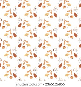 Seamless pattern with nuts, seeds, leaves and berries. Color flat vector illustration.