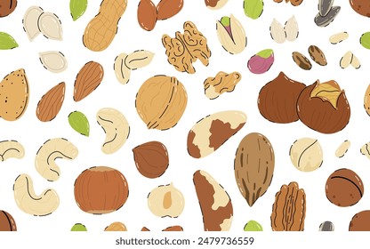 Seamless pattern of nuts and seeds on white background. Pecan, Brazil nut, almond, hazelnut, pistachio, walnut, cashew, peanut, sunflower and pumpkin seeds. Healthy eating