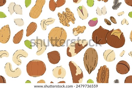 Seamless pattern of nuts and seeds on white background. Pecan, Brazil nut, almond, hazelnut, pistachio, walnut, cashew, peanut, sunflower and pumpkin seeds. Healthy eating