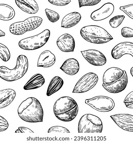 Seamless pattern with nuts and seeds. Sketch drawing in engraving style. Vector illustration.