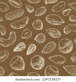 Seamless pattern with nuts and seeds. Sketch drawing in engraving style. Vector illustration.