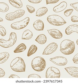 Seamless pattern with nuts and seeds. Sketch drawing in engraving style. Vector illustration.