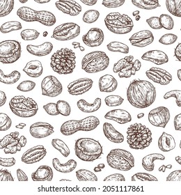 Patrón sin foco con nueces. Antecedentes de boceto con cacahuetes, nueces, coco, macadamia, pistacho, avellanas.