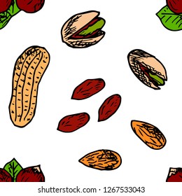 Seamless pattern of nuts. Vector cartoon background. Hand-drawn style.
