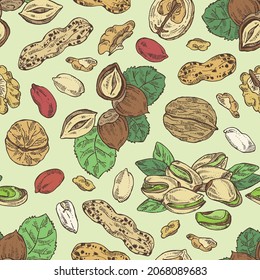 Seamless pattern with nuts: walnut, hazelnut, peanuts and pistachio nuts. Vector hand drawn illustration.