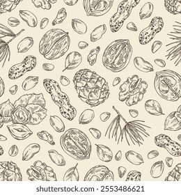 Seamless pattern with nuts: walnut, hazelnut, peanuts and pine nuts. Vector hand drawn illustration.