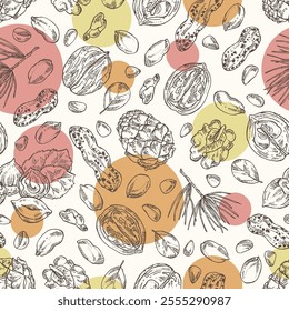 Seamless pattern with nuts: walnut, hazelnut, peanuts and pine nuts. Vector hand drawn illustration.