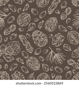 Seamless pattern with nuts: walnut, hazelnut, peanuts and pine nuts. Vector hand drawn illustration.