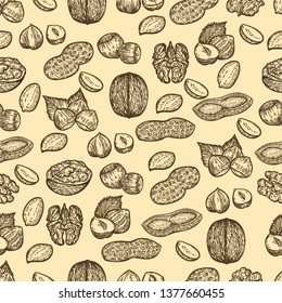 Seamless pattern of nuts.Hazelnuts, peanuts and walnuts in the engraving style.