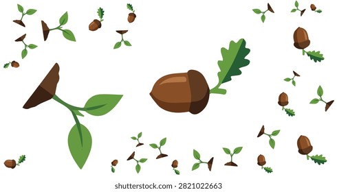 seamless pattern of oak acorns with green leaves scattered on white background natural autumn elements vector