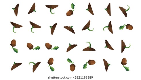 seamless pattern of oak acorns green leaves and brown soil scattered on white background nature autumn design