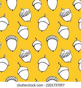 Seamless pattern with oak acorns. Vector color texture, template in doodle flat style. Concept of forest, nature, thanksgiving.