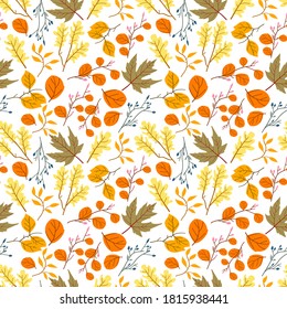Seamless pattern with oak autumn leaves and acorns. Perfect for wallpapers, wrapping papers, pattern fills, textile, autumn greeting cards, Thanksgiving Day cards