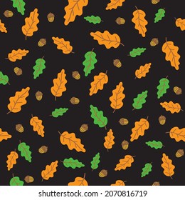 Seamless pattern with oak autumn leaves on dark background. Vector illustration. Flat design element for banner, wallpaper, wrapping paper, fabric.