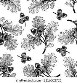 Seamless pattern. Oak branch with leaves and acorns. The isolated image on a white background. Forest tree. Sketches of nature. Vector illustration. Black and white graphics. Vintage sketch.