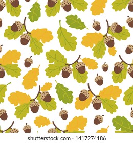 Seamless pattern of oak branches and acorns on a white background. Autumn hand drawn pattern. Vector illustration.