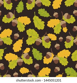 Seamless pattern of oak branches and acorns on a dark background. Autumn pattern. Hand drawn. Vector illustration.