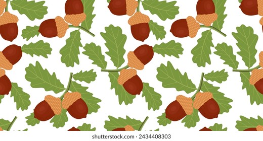 Seamless pattern with oak branches, green leaves and acorns. Forest and Autumn elements on white background. Colored cartoon repeated texture for fabric, wrapping, textile, wallpaper. Vector