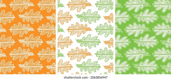 Seamless pattern with oak leaf. Vector hand drawn autumn doodle foliage. Set of seasonal palette with different contour of the leaves.