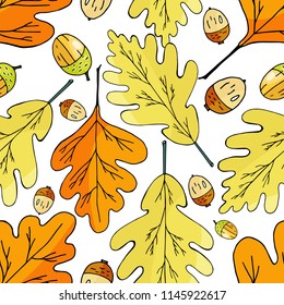 Seamless pattern with oak leaves and acorn on white background