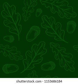 Seamless pattern with oak leaves and acorn. Hand drawn sketch. Vector