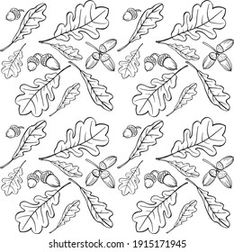 seamless pattern of oak leaves and acorn, black and white sketch, hand draw line art. For fabric, textil, paper, card