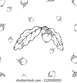 Seamless pattern of oak leaves and acorns. Vector illustration of a seamless pattern of an oak branch with an acorn. Hand drawn oak leaves with an acorn.