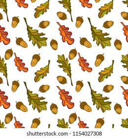 Seamless pattern of oak leaves and acorns. Vector illustration of autumn leaf fall isolated on white background.