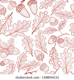 Seamless pattern of oak leaves and acorns. Autumn line drawing. Vector