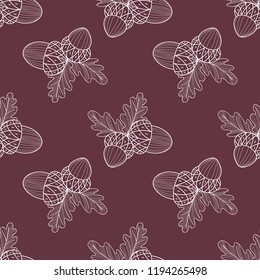Seamless pattern of oak leaves and acorns on a dark background. Autumn line drawing. Vector