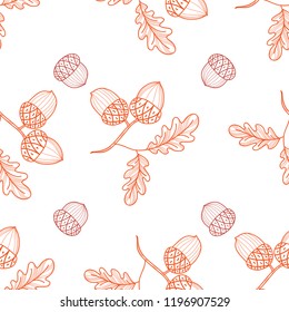 Seamless pattern of oak leaves and acorns. Autumn line drawing. Vector