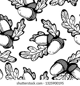 
Seamless pattern of oak leaves and acorns on a white background.