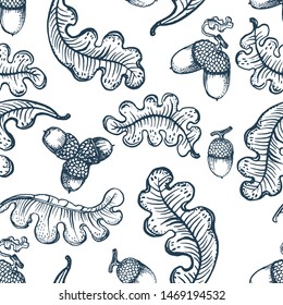 seamless pattern, oak leaves, acorns, vector ,hand drawing