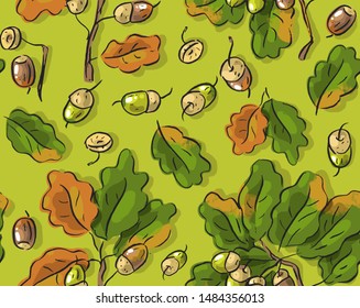 Seamless pattern with oak leaves and acorns