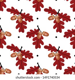 Seamless pattern with oak leaves and acorns on a white background. Autumn background. Wallpaper, print, packaging, paper, textile design. Vector illustration.