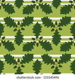 seamless pattern with oak leaves and acorns on a striped background