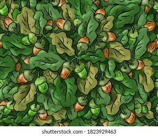 Seamless pattern with oak leaves and acorns