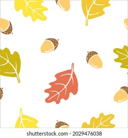 Seamless pattern with oak leaves and acorns. Colorful paper cut fall woods collection isolated on white background. Doodle hand drawn vector illustration.